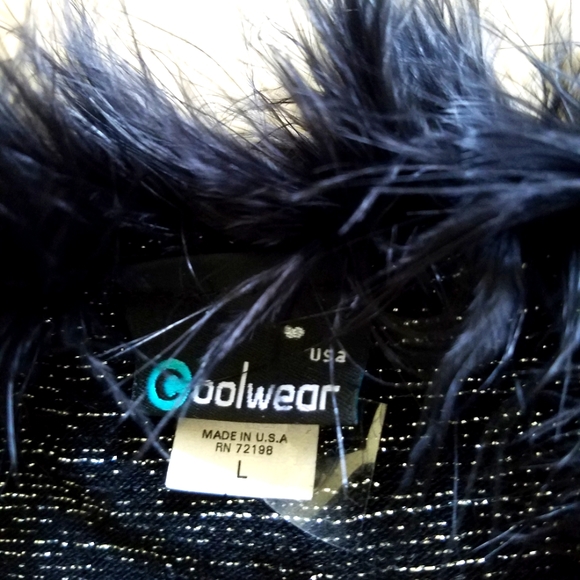 Party Black Silver Long Sleeve Blouse and Sexy Fuzzy Marabou Feather Trim Size L - Picture 4 of 5